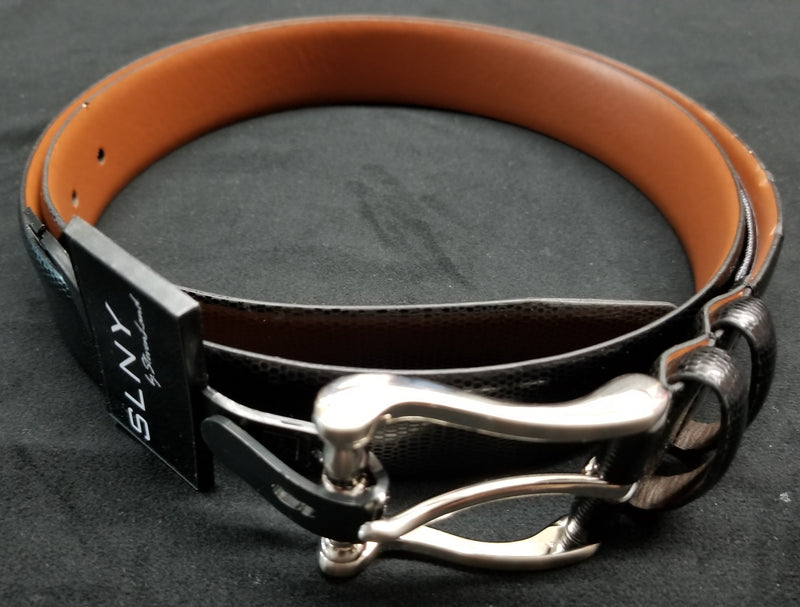 Steven Land Black Men's Lizard Skin Print Genuine Leather Belts