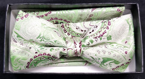 Pre-Tied Men's Jacquard Lime Green/Purple Paisley Floral Print Bow Tie Set