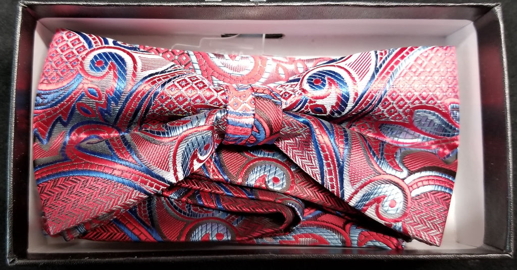 Pre-Tied Men's Jacquard Red/Blue Paisley Floral Print Bow Tie Set