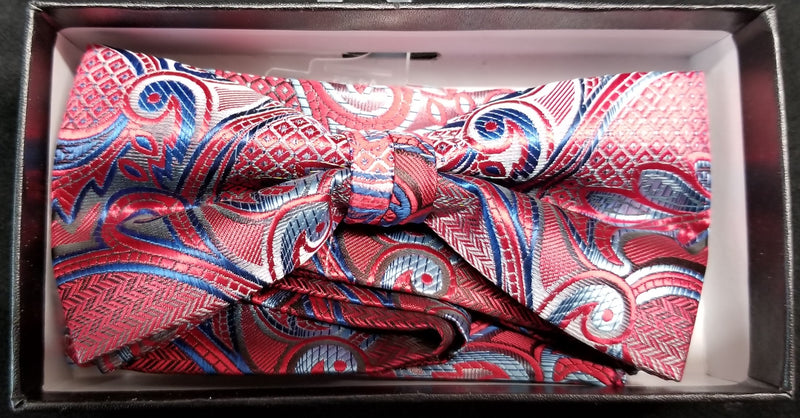 Pre-Tied Men's Jacquard Red/Blue Paisley Floral Print Bow Tie Set