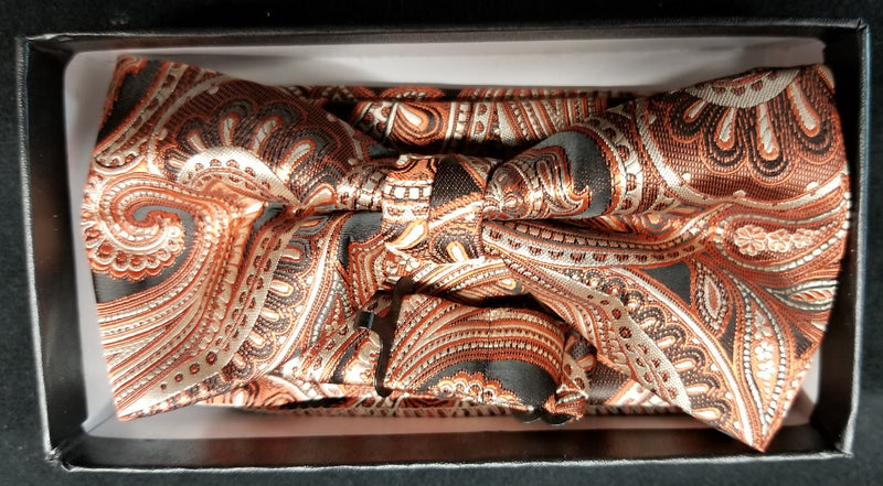 Pre-Tied Men's Jacquard Brown/Black/ Paisley Floral Print Bow Tie Set