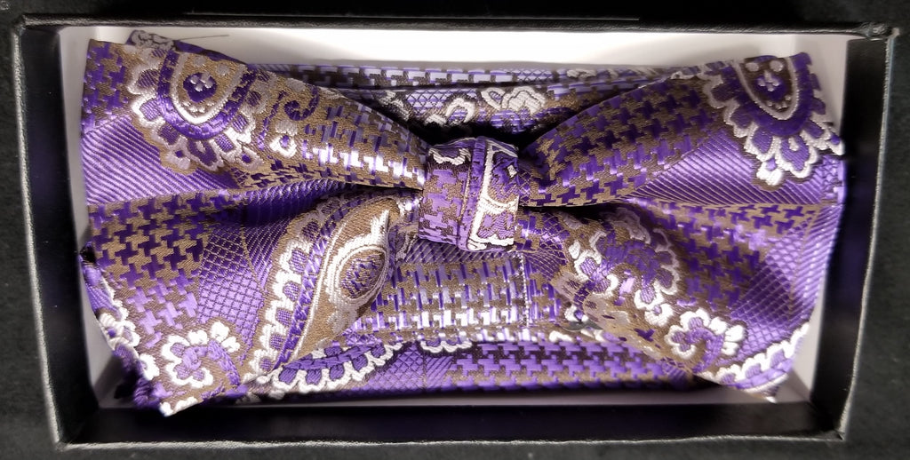 Pre-Tied Men's Jacquard Purple/Tan Floral Print Bow Tie Set