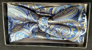 Pre-Tied Men's Jacquard Blue/Gold/Black  Paisley Floral Print Bow Tie Set