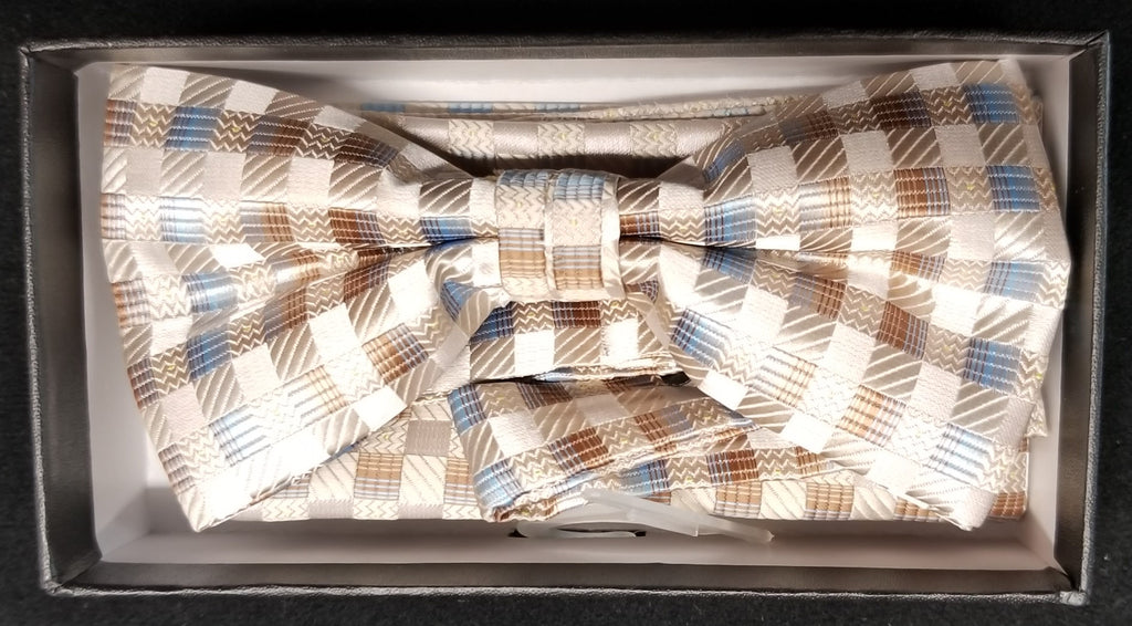 Pre-Tied Men's Jacquard Tan/Brown/Blue Pattern Print Bow Tie Set