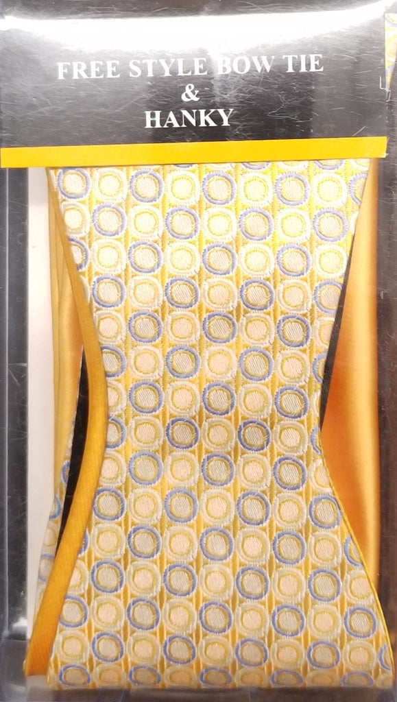 Umo Lorenzo Reversible Blue, Gold, Tan, Yellow Free Style Bow Tie Set