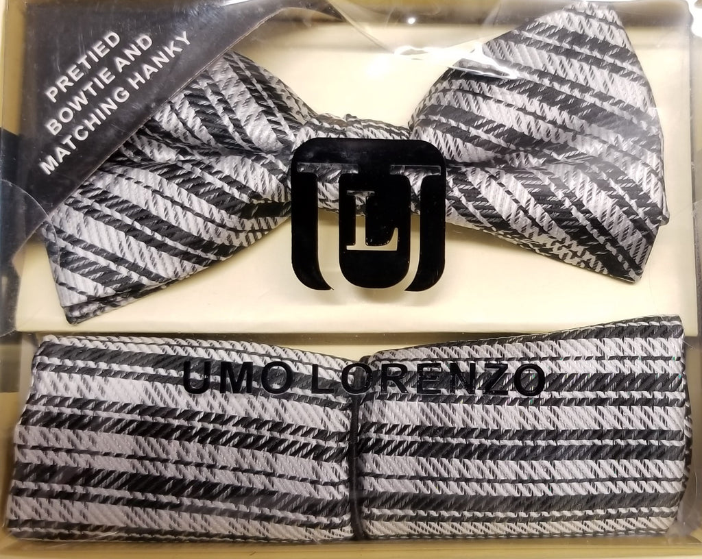 Umo Lorenzo Pre-Tied Black/White Plaid Bow Tie Set
