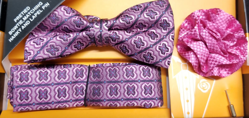 Umo Lorenzo Pre-Tied Pink, Blue, Black Bow Tie Lapel Pin Set