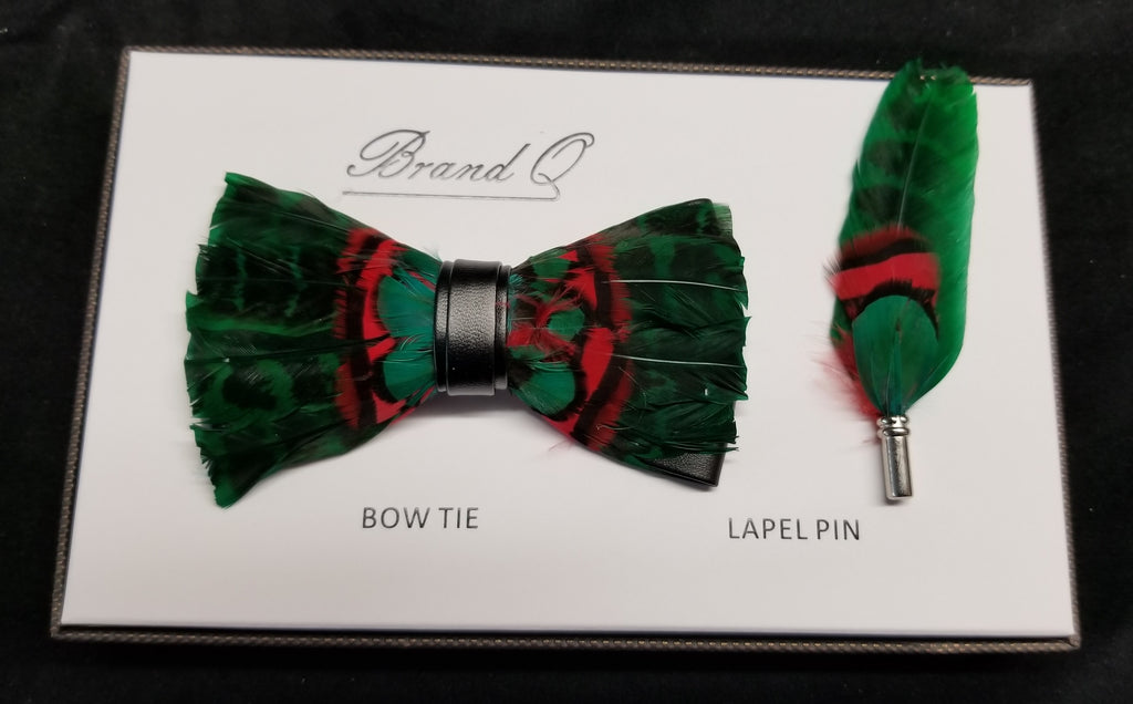 Brand Q Green/Black/Red Feather Bow Tie Lapel Pin Set
