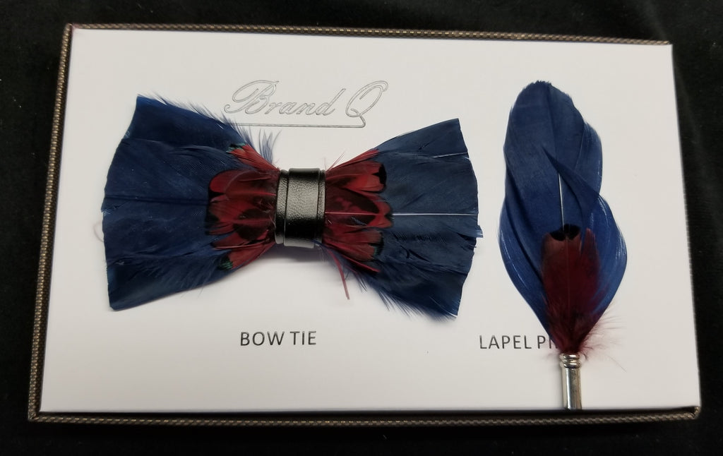 Brand Q Blue/Red Feather Bow Tie Lapel Pin Set