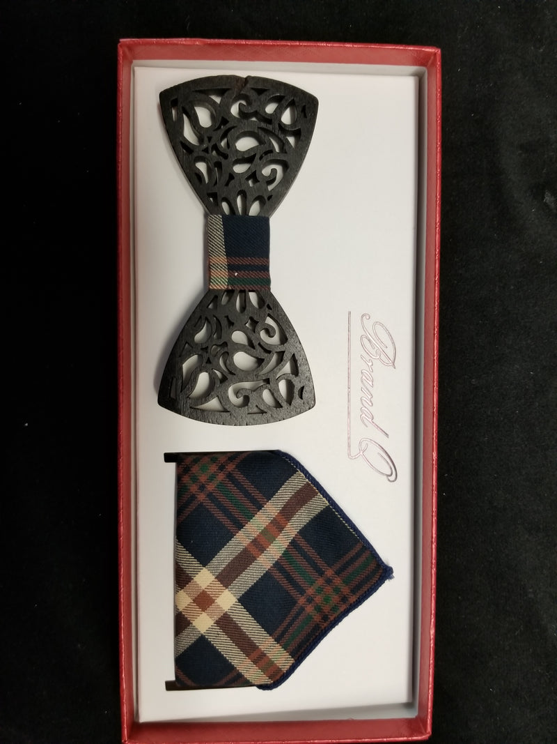 Brand Q Dark Brown Multi-Color Striped Pattern Design Wooden Bow Tie Set