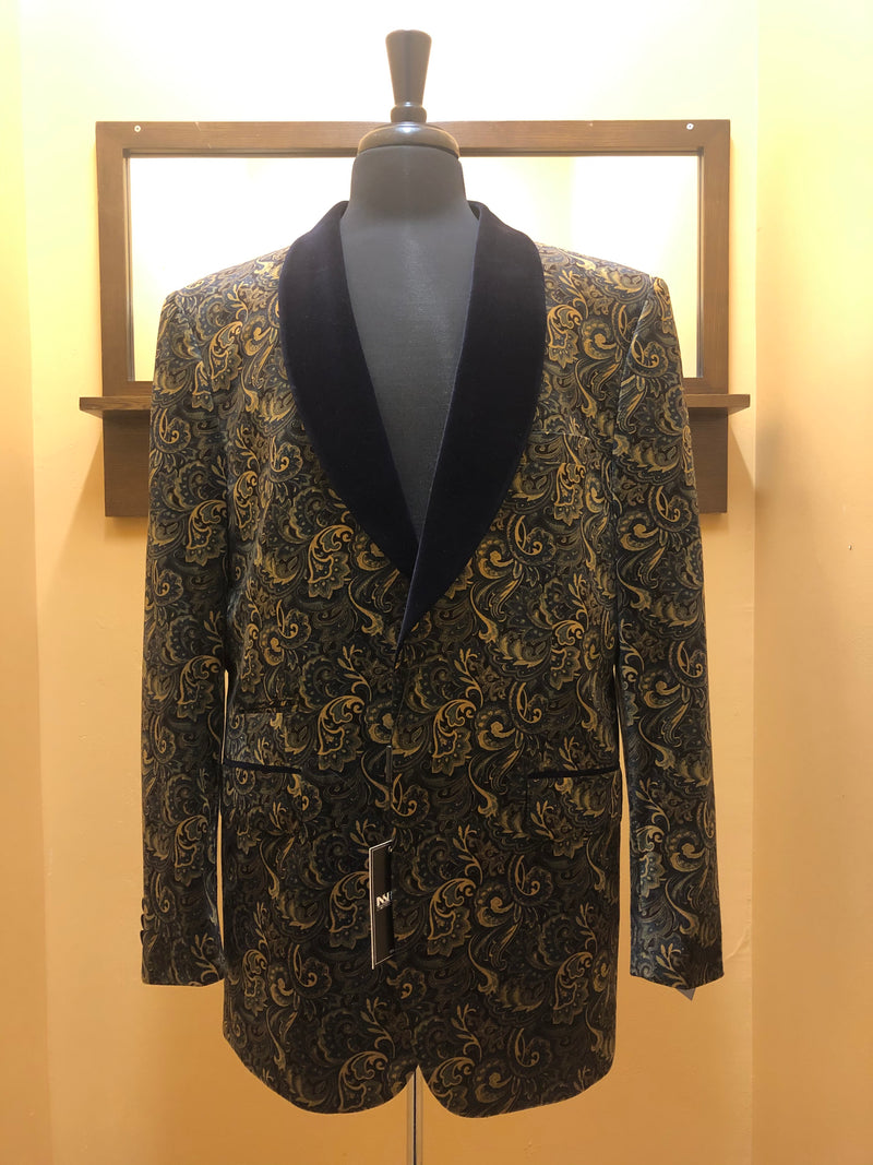 Shawl Collar Paisley Blazer with Velvet Trim
