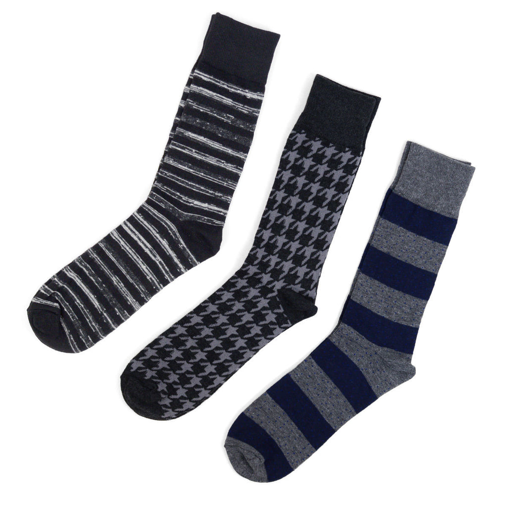 Parquet Men's Three Fancy Pattern Grey, Black, Blue Dress Socks