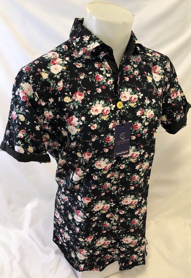 Suslo Couture Black Designer Floral Print Short Sleeve Shirt